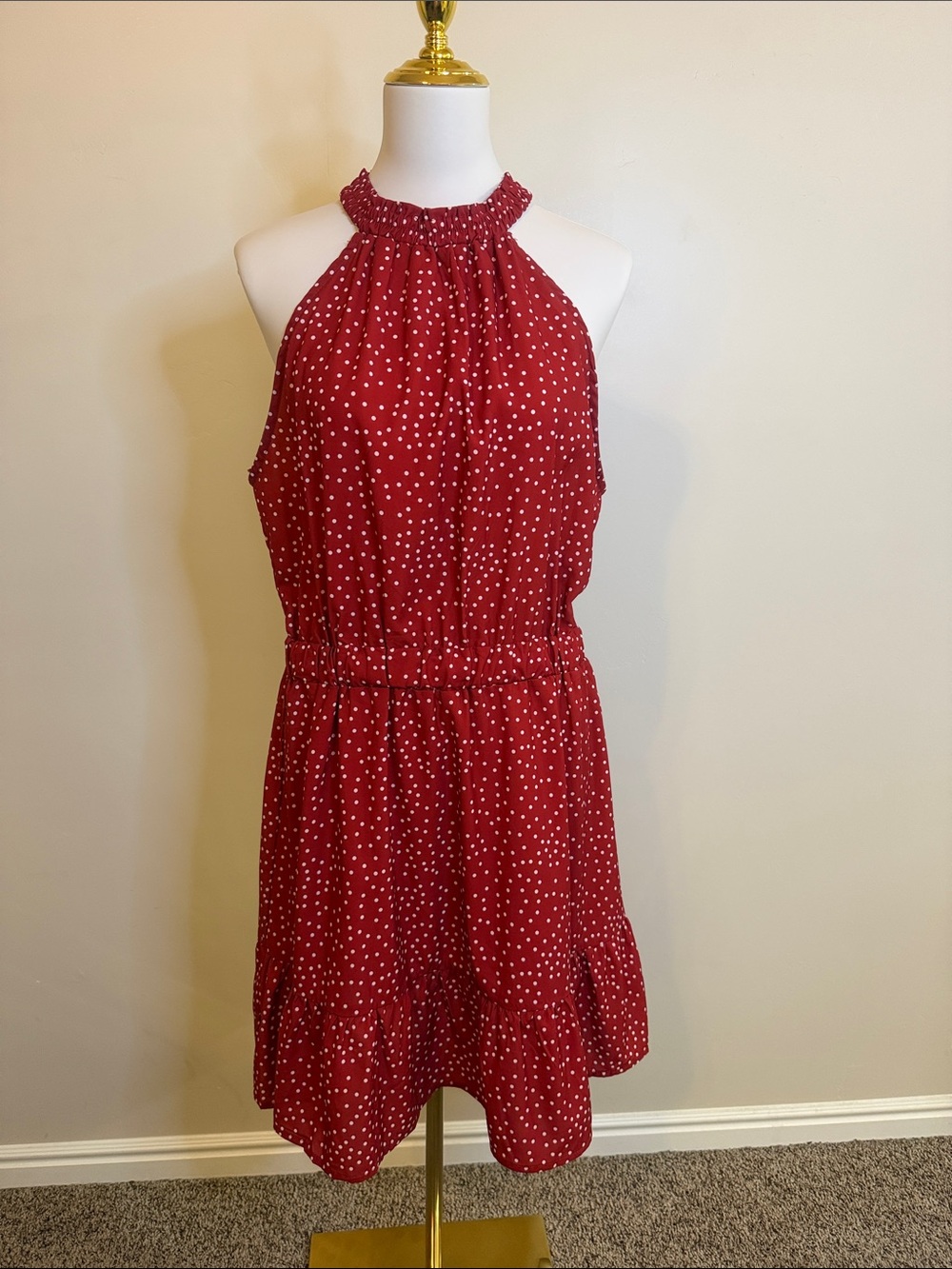 One-Shoulder Red Polka Dot Halter Dress